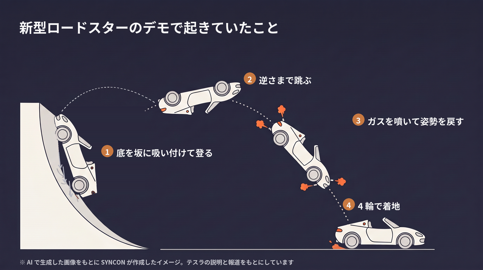 曲がった坂に車の底を吸い付けて登り、逆さまで跳び、ガスを噴いて姿勢を戻し、4 輪で着地するまでの流れのイラスト(AI で生成)