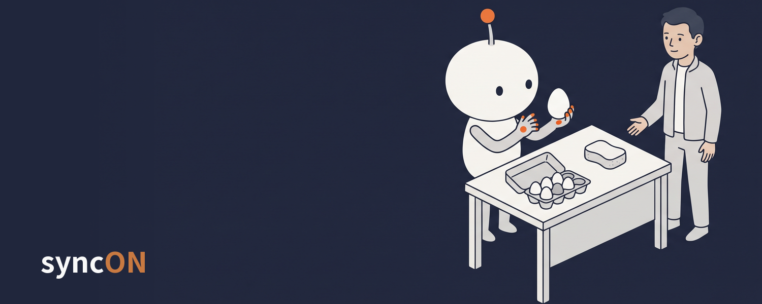 小さなロボットが指先で卵をそっと持ち、そばで人が見守るイラスト(AI で生成)